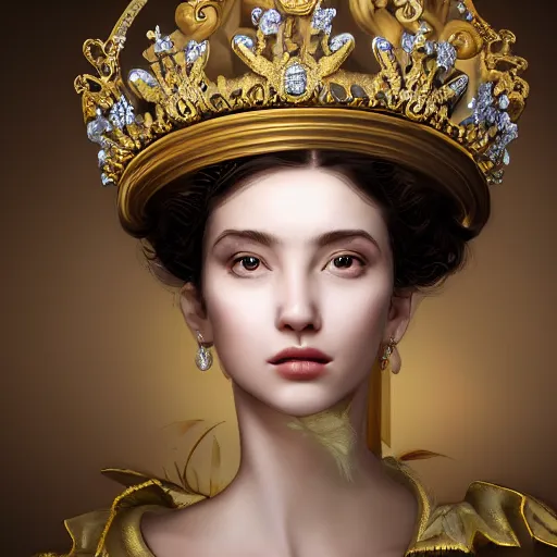 Image similar to a portrait of a beautiful girl with crown,inspired by Baroque and Rococo,hint of gold ,bright colours,hyper realistic,photo real ,matte painting, concept art, hdri, 4k -