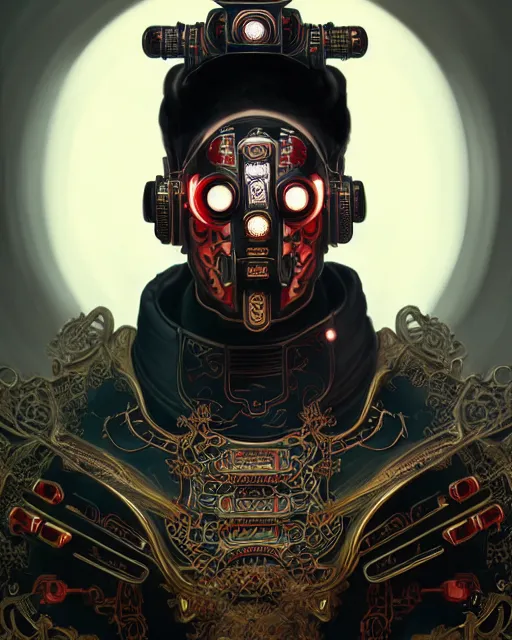 Image similar to portrait of a masculine male cyberpunk machine, machine face, upper half portrait, decorated with chinese opera motifs, asian, fine china, wuxia, traditional chinese art, intricate, elegant, highly detailed, symmetry, headpiece, digital painting, artstation concept art smooth sharp focus, illustration, art by artgerm and greg rutkowski alphonse mucha 8 k