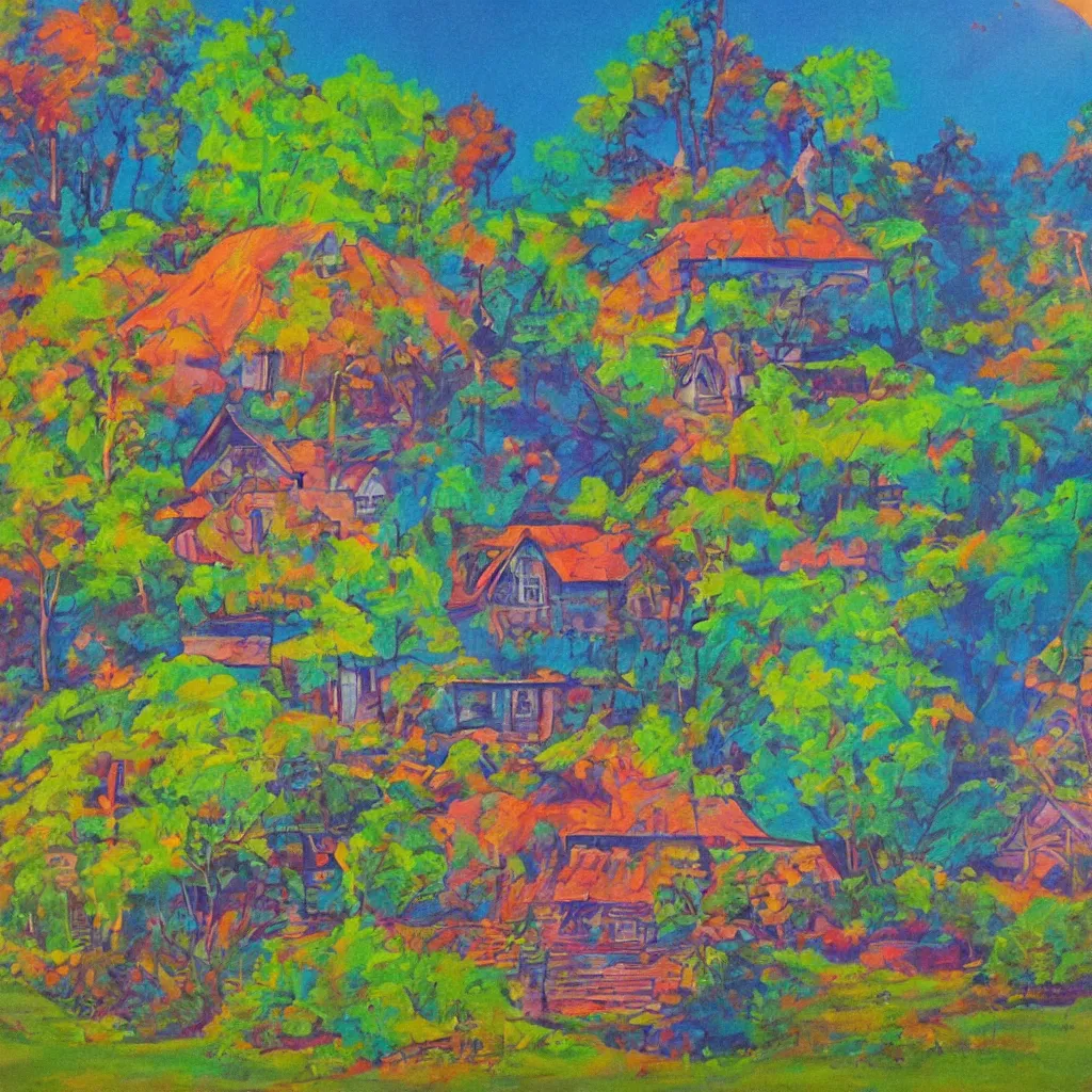 Image similar to beautiful painting of a house in a serene landscape, 60s kitsch and psychedelia