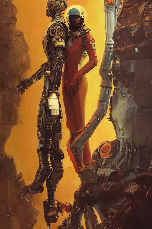 Prompt: pulp scifi fantasy illustration full body portrait of huge martian standing beside elegant woman wearing latex spacesuit, by norman rockwell, jack kirby, bergey, craig mullins, ruan jia, jeremy mann, tom lovell, 5 0 s, astounding stories, fantasy