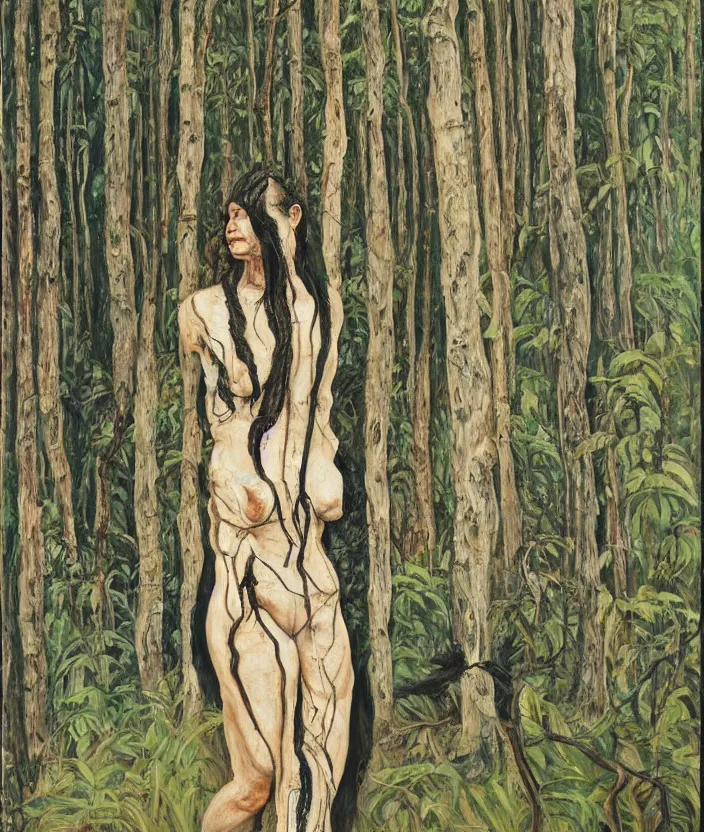 Prompt: indigenous woman walking in the forest, painted by lucian freud, hd, super detailed, realistic, muted colors