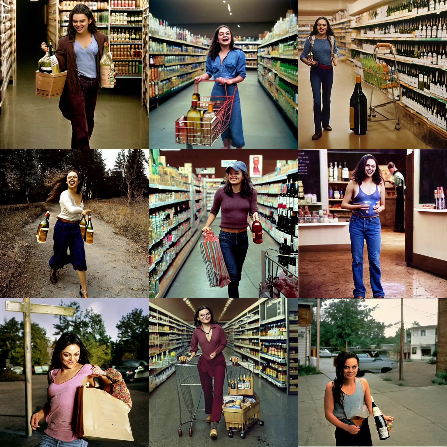 Prompt: portrait of laughing Mila Kunis walking out of the grocery store holding bottles of wine, Gregory Crewdson, Joel Sternfeld