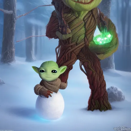 Image similar to Baby Groot and Baby Yoda are building a snowman hyperdetailed, artstation, cgsociety, 8k