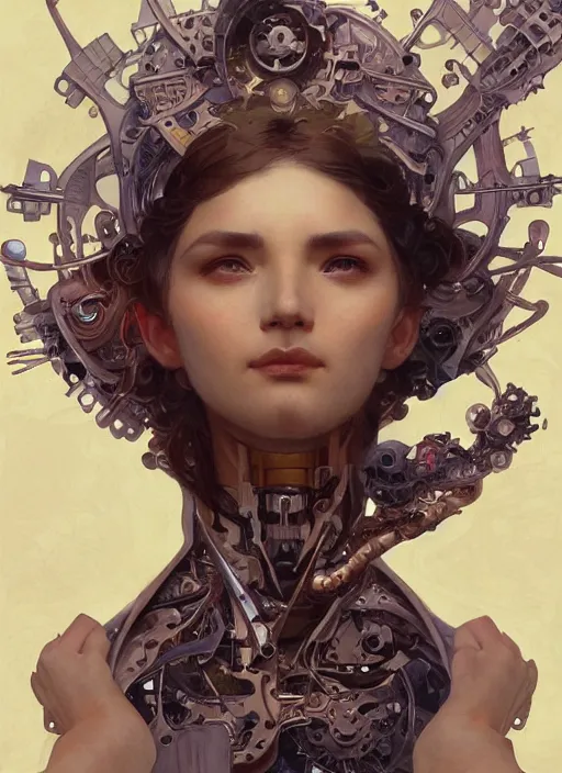 Image similar to mechanical humanoid, masterpiece, intricate, elegant, highly detailed, digital painting, artstation, concept art, smooth, sharp focus, illustration, art by artgerm and greg rutkowski and alphonse mucha and uang guangjian and gil elvgren and sachin teng, symmetry!!