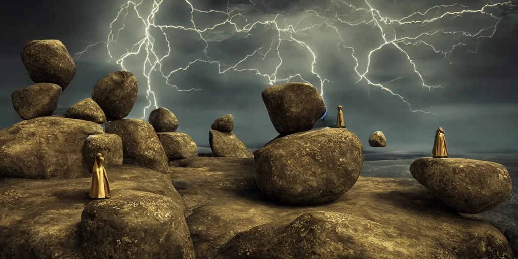 Image similar to Photorealistic strange dark monks perform a ritual. Magical symbols float above them. Epic landscape with magically floating rocks, with ominous storm clouds, strange levitating stones, stones falling from the sky, a gentle rising mist. occult photorealism, UHD, amazing depth, glowing, golden ratio, 3D octane cycle unreal engine 5, volumetric lighting, cinematic lighting, cgstation artstation concept art