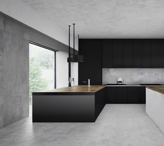 Image similar to brutalist black house kitchen with 2 islands interior design minimalist organic, organic architecture furniture open space high quality octane render blender 8 k