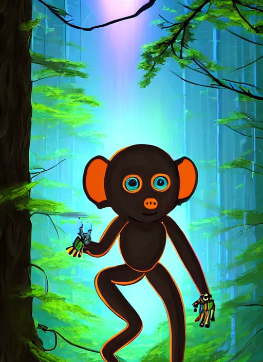 Image similar to cyber monkey in the scifi forest, in style james jea, illustration, fine colors