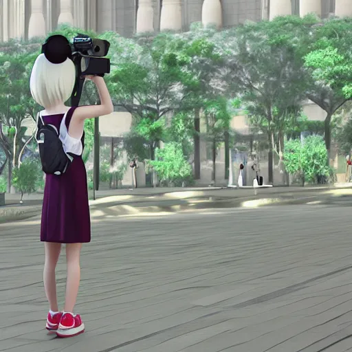 Prompt: cute fumo plush of a tourist girl taking photographs, anime girl, vray