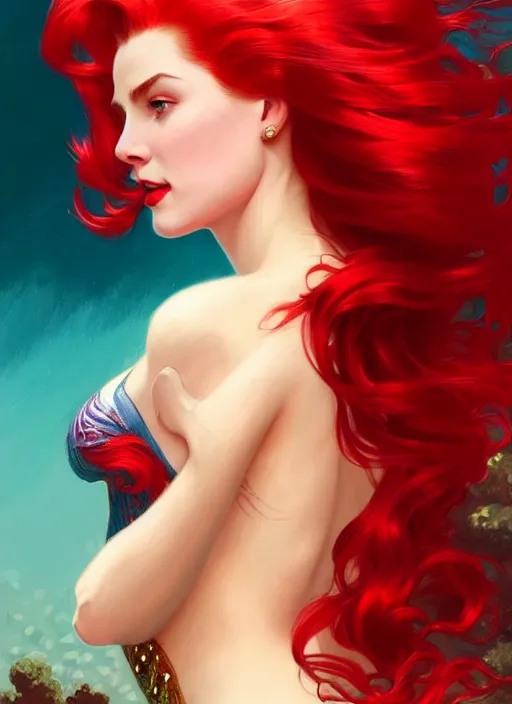 Prompt: Grace Kelly with vibrant red hair as the mermaid Ariel, underwater, western, fantasy, intricate, elegant, highly detailed, digital painting, artstation, concept art, matte, sharp focus, illustration, art by Artgerm and Greg Rutkowski and Alphonse Mucha, masterpiece, stunning, artstation