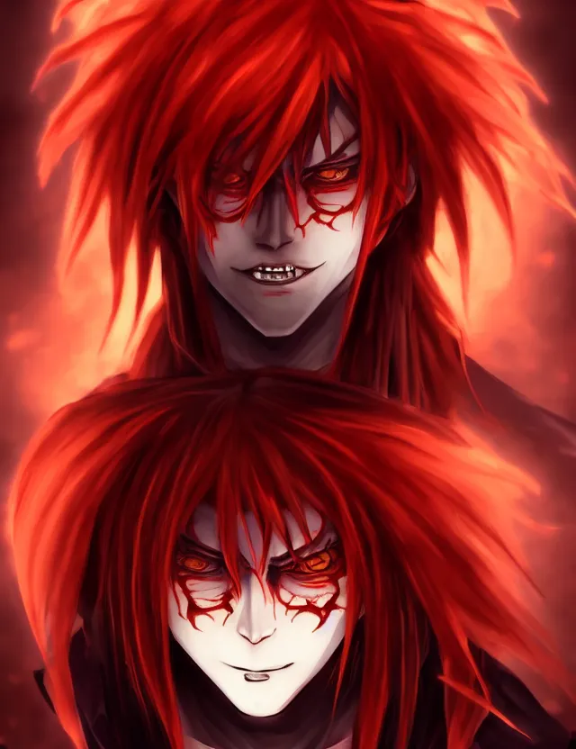 Prompt: a detailed manga portrait of a shadowy handsome demon boy with long crimson hair and glowing orange eyes and fangs, trending on artstation, digital art, 4 k resolution, detailed, high quality, sharp focus, hq artwork, coherent, insane detail, character portrait