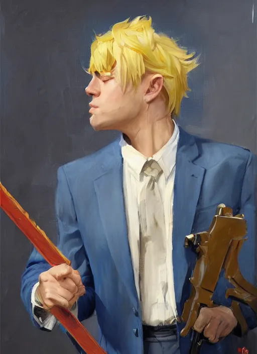 Image similar to greg manchess portrait painting of a blond man in a blue suit with a sword and a pistol, asymmetrical, profile picture, organic painting, sunny day, matte painting, bold shapes, hard edges, street art, trending on artstation, by huang guangjian, gil elvgren, ruan jia, randy vargas, greg rutkowski