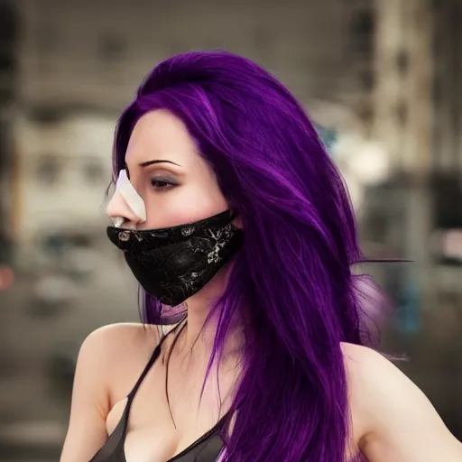 Image similar to photo of a gorgeous caucasian female with long dark purple hair in the style of stefan kostic, tank top, mask, realistic, cyberpunk, body shot, sharp focus, 8 k high definition, insanely detailed, intricate, elegant, art by stanley lau and artgerm, floating embers