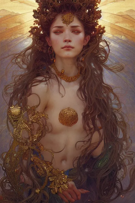 Image similar to god of sun, gold hair, gold eyes, tanned skin, fantasy, intricate, highly detailed, digital painting, artstation, concept art, smooth, sharp focus, art by art by Artem Demura and Alphonse Mucha, ArtGerm, valentina remenar, ruan jia