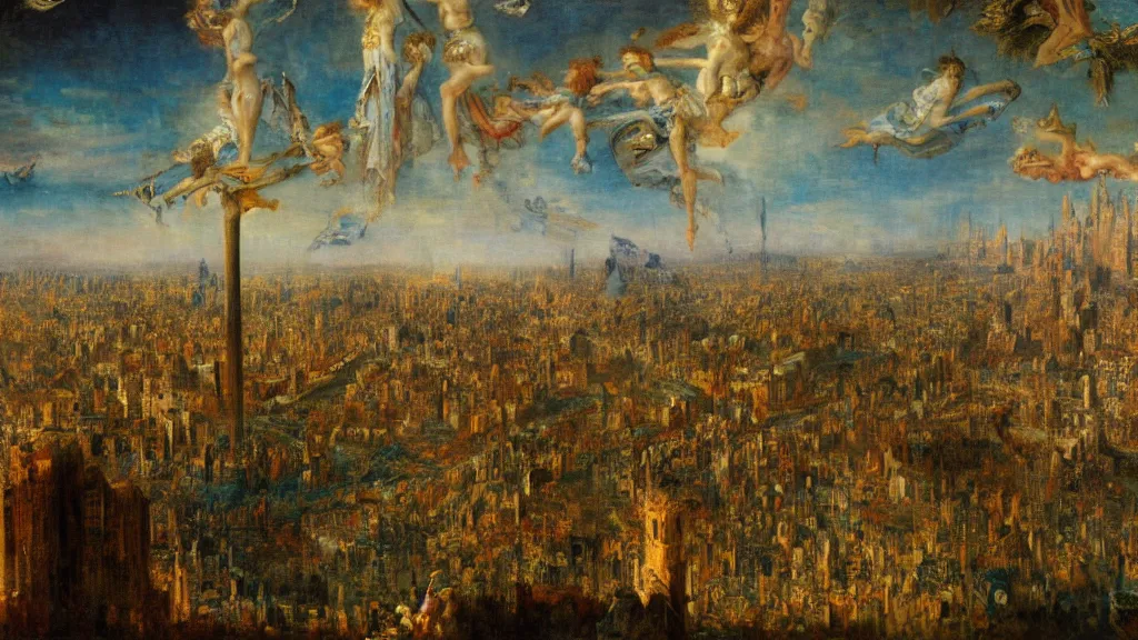 Image similar to a dream city in the style of gustave moreau, fernand keller, oil on canvas, musee d'orsay, 4 k resolution, detailed, enigmatic