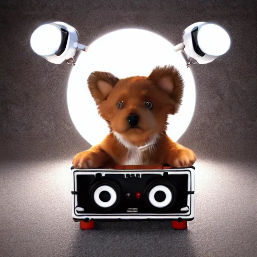 Image similar to puppy as a DJ, 8k, volumetric lighting, hyper realistic