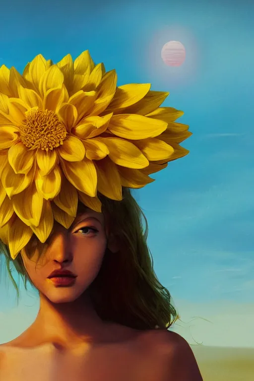 Image similar to closeup girl with huge yellow dahlia flower over face, on beach, surreal photography, blue sky, sunrise, dramatic light, impressionist painting, digital painting, artstation, simon stalenhag