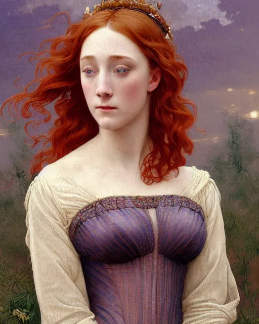 Prompt: intricate art nouveau oil painting of redheaded young saoirse ronan or redheaded millie bobby brown with long hair blowing in the wind, wearing an intricate gold lace dress, highly detailed, intricate, elegant, digital painting, smooth, sharp focus, illustration, ultra realistic, 8 k, by bouguereau, alphonse mucha, artgerm, and donato giancola