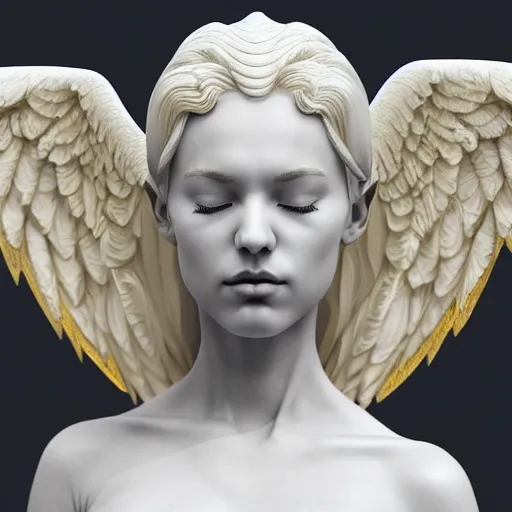 Image similar to a statue made of white marble with gold veins, of an beautiful angel girl, full body shot, perfect symmetrical body, perfect symmetrical face, no eyes, hyper realistic, hyper detailed, fujicolor superia 1 6 0 0 photo, by peter kemp, by monia merlo octane render, blender, 8 k