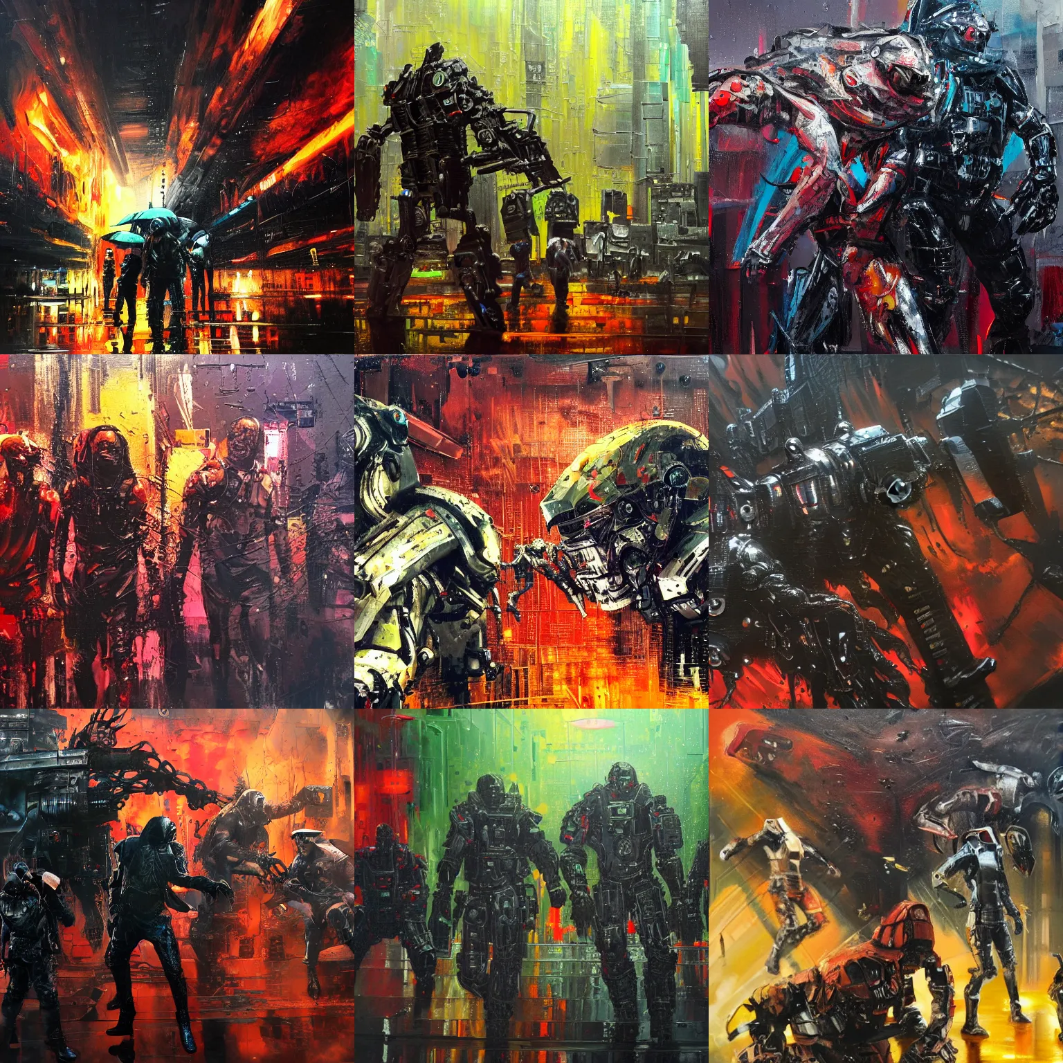 Prompt: old used mech dogs. epic fight scene from the future. strong personalities and characters. tired, beaten tech. neo noir style, rain, oil, blood everywhere, dramatic high contrast lighting. high action! acrylic painting, layered impasto, heavy gesture style. highly detailed futuristic scene in the center of the painting. closeup.