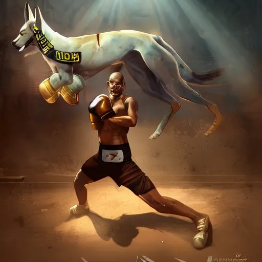 Image similar to anubis as a boxer ready to take on the world champ, boxing ring, strong spotlights, 4 k, trending on artstation, sharp focus, concept art, extremely detailed, intricate, sakimichan, artgerm, greg rutkowski