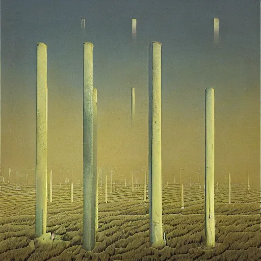 Image similar to tall boxes lined up across the horizon next to each other, zdzislaw beksinski