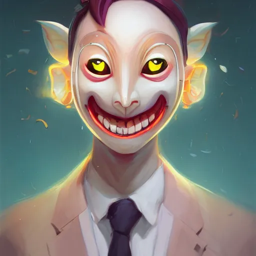 Prompt: a portrait of the happy mask salesman, cute, beautiful, art by lois van baarle and loish and ross tran and rossdraws and sam yang and samdoesarts and artgerm and saruei and disney and wlop, digital art, highly detailed, intricate, sharp focus, trending on artstation hq, deviantart, unreal engine 5, 4 k uhd image