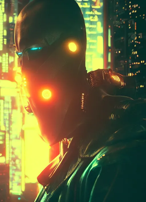 Image similar to Cyberpunk Saitama, Neon, dark atmosphere, cinematic shot, intricate, ornate, photorealistic, ultra detailed, realistic, 100mm, photography, octane, high definition, depth of field, bokeh, 8k, artstation