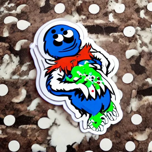 Image similar to die cut sticker, the cookie monster in techwear, splatter paint
