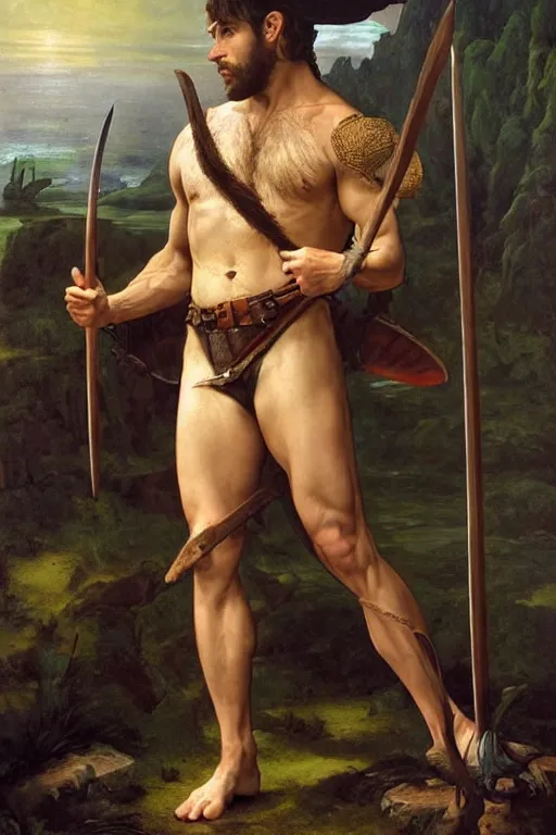 Image similar to renaissance painting full body portrait of a gruff ranger with a spear, lean and toned, handsome face, hairy chest and hairy body, D&D, intricate, elegant, highly detailed, digital painting, artstation, concept art, matte, sharp focus, chiaroscuro, well list, illustration, art by Artgerm and Greg Rutkowski and Alphonse Mucha