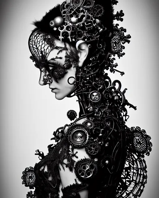 Image similar to surreal dark poetic black and white photo portrait of complex bio-mechanical beautiful young silver female vegetal-cyborg with a Mandelbrot fractal steampunk metal fine lace face, a very long neck and a fine metal floral foliage super big lace collar by Vivienne Westwood:: smoke, high fashion, haute couture, rococo, steampunk, avant-garde, silver filigree details, anatomical, facial muscles, cable wires, microchip, elegant, dreamy, foggy atmosphere, hyper realistic, 150 mm lens, soft rim light, octane render, unreal engine, picture was taken in 1910 by Man Ray, volumetric lighting, dramatic light,8k,