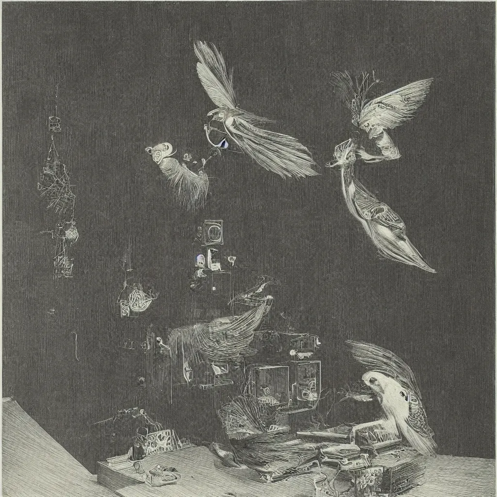 Prompt: beautiful exotic melancholy bird with glowing moth and computer in datacenter. engraving by Max Ernst