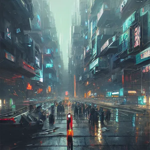 Image similar to very detailed masterpiece painting of a busy cyberpunk city street, portrait, artstation, concept art by greg rutkowski