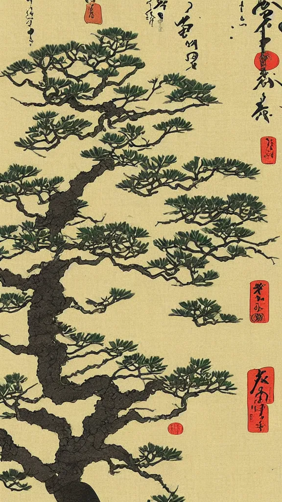 Image similar to a light bulb with a bonsai tree inside. The tree has white flowers on it. Shin-hanga, ukiyo-e.