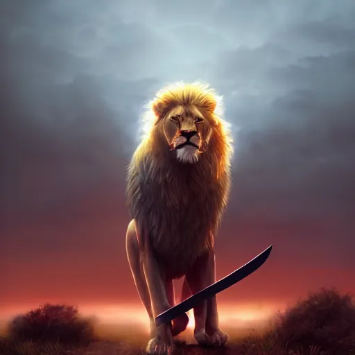 Image similar to commission of a male anthropomorphic albino lion holding a sword under a red sky,digital art,art by greg rutkowski,trevor henderson,ross tran,photorealistic,hyperdetailes,highly realistic,natural lighting,deviantart,artstation,dramatic,cinematic,4k,western comic style