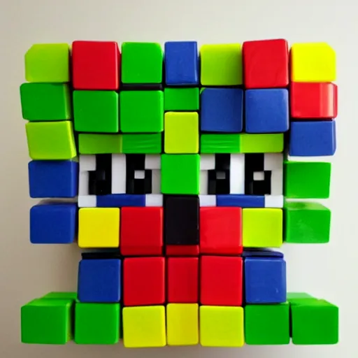 Prompt: a face made out of rubiks cubes and lettuce.