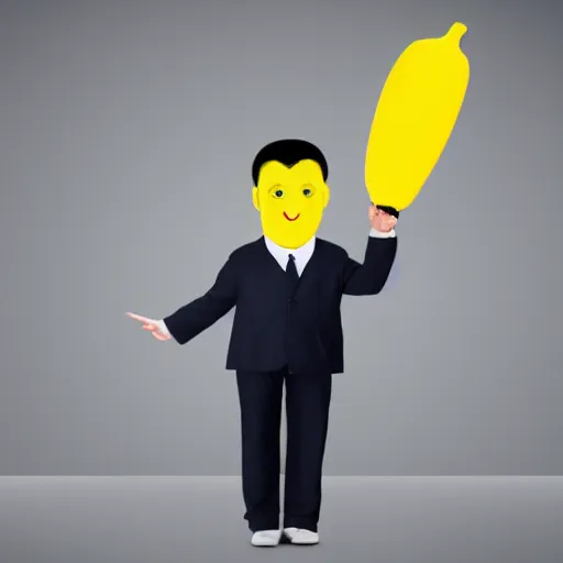 Prompt: a person with a banana head wearing a business suit