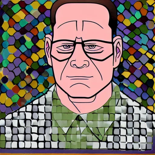 Image similar to Hank Hill, by Escher, portrait black and white, background DMT colors, drawing