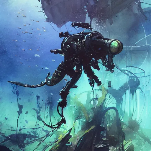 Image similar to diver in an alien aquarium, kelp, coral, solar rays, cyberpunk, realistic, detailed, Industrial Scifi, paint, watercolor, in the style of Ashley Wood and Wadim Kashin