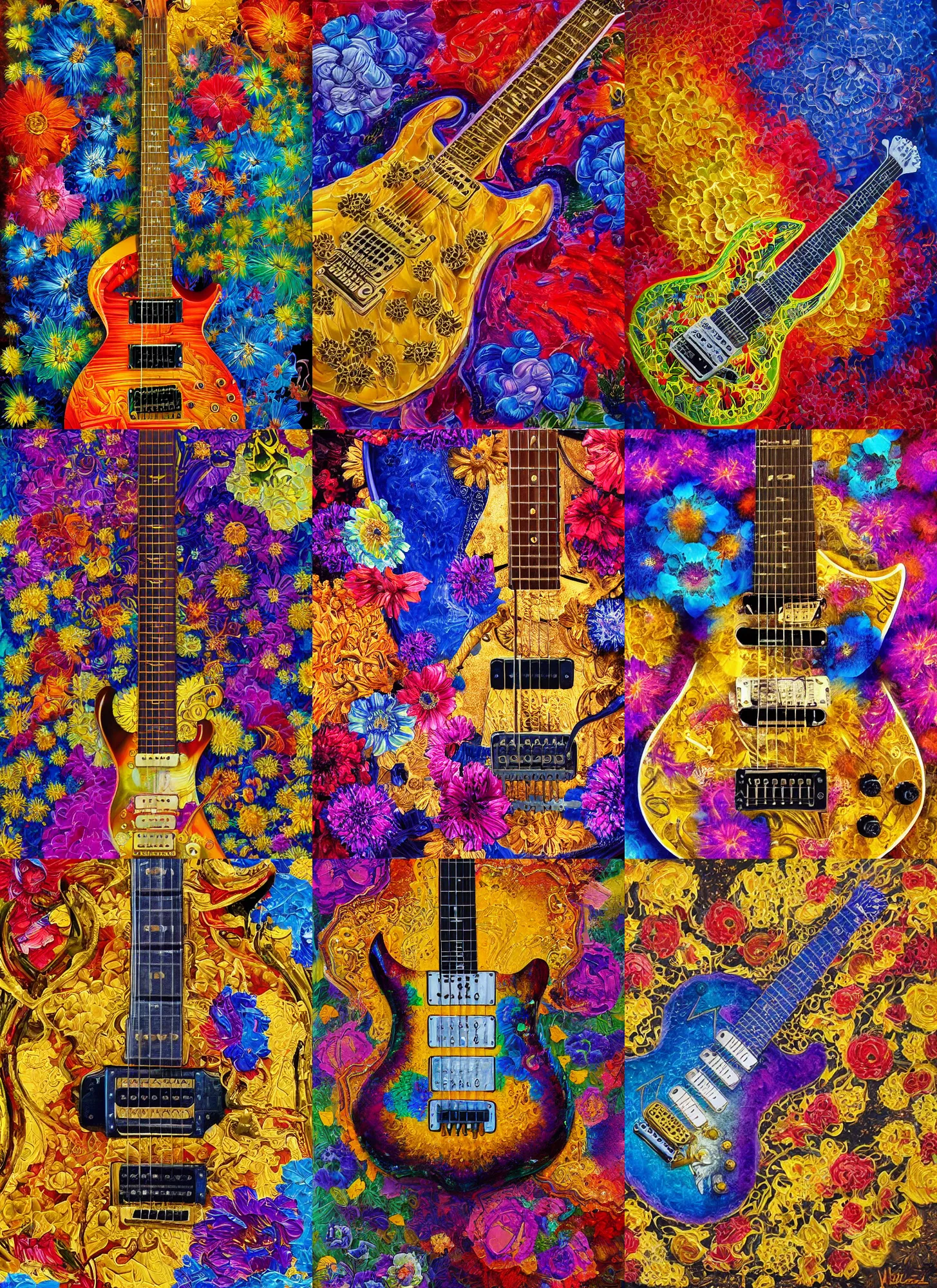 Prompt: high intricate detailed abstract painting of a prs electric guitar made of colorful flowers and smoke, golden ratio, rule of thirds, majestic, elegant, by lea leonowicz, by maks trofimov, by jenny brozek, by johannes wessmark