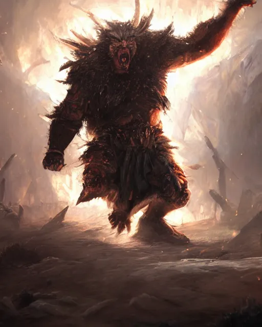 Image similar to oil painting of Angry Donald Trump Berserker, wearing fur armor, claws, sharp focus, attack pose, fantasy style, octane render, volumetric lighting, 8k high definition, by greg rutkowski, highly detailed, trending on art Station, magic the gathering artwork, burning Battlefield background, centered