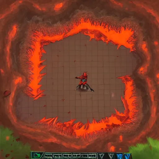 Image similar to TzKal-Zuk at the Inferno, old school runescape, lava river, magma, large shield of magma, obsidian pillars