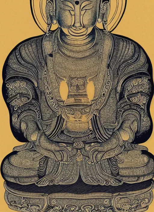 Image similar to detailed pen illustration of an anthropomorphic asian black bears head on Buddhist bodhisattva body, seated in royal ease, 0.1 black micron pen, gilded gold halo behind head, highly detailed, fine pen work, religious iconography, white background