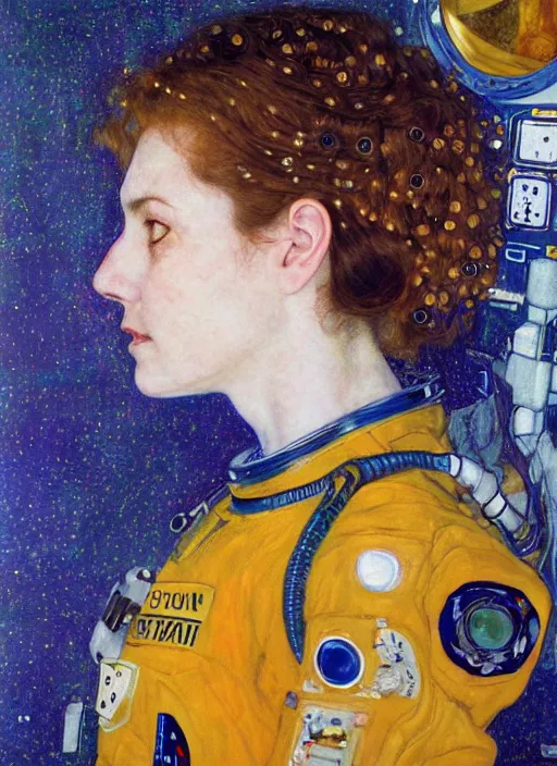 Image similar to woman astronaut in profile, symmetrical, painting by gustav klimt, detailed, ambient lighting, photo realistic, 8 k