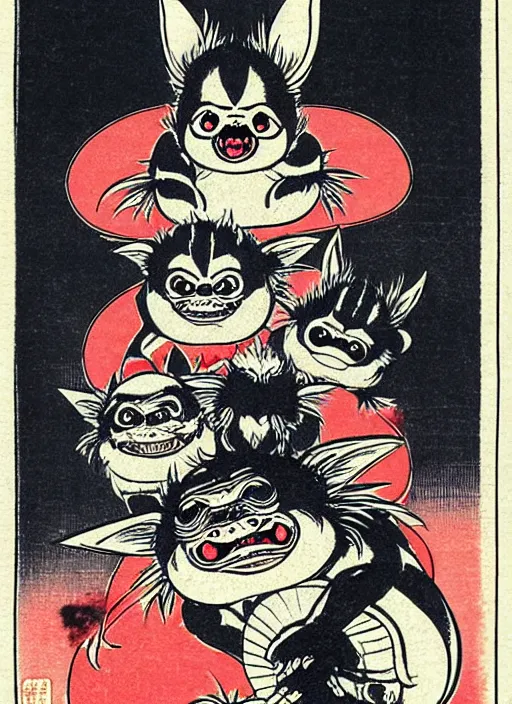 Prompt: a mogwai from gremlins ( 1 9 8 4 ) as a yokai illustrated by kawanabe kyosai and toriyama sekien