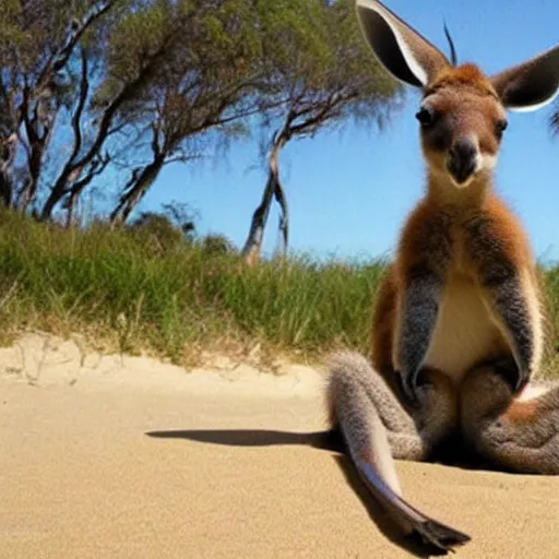 Prompt: kangaroo laying on the beach drinking a beer