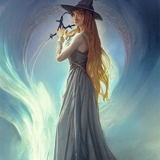 Image similar to a witch casting a spell, sci-fi, face, long hair, fantasy, intricate, elegant, highly detailed, digital painting, artstation, concept art, smooth, sharp focus, illustration, synthwave colors, faded effect, tranquil and calm, art by artgerm and greg rutkowski and alphonse mucha