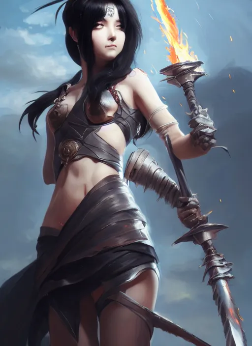 Image similar to Portrait of Anime girl with black hair, she is carrying a burning sword with two hands, wearing metal armor around her chest and waist, realistic, detailed, 4k by Greg Rutkowski Mark Arian trending on artstation