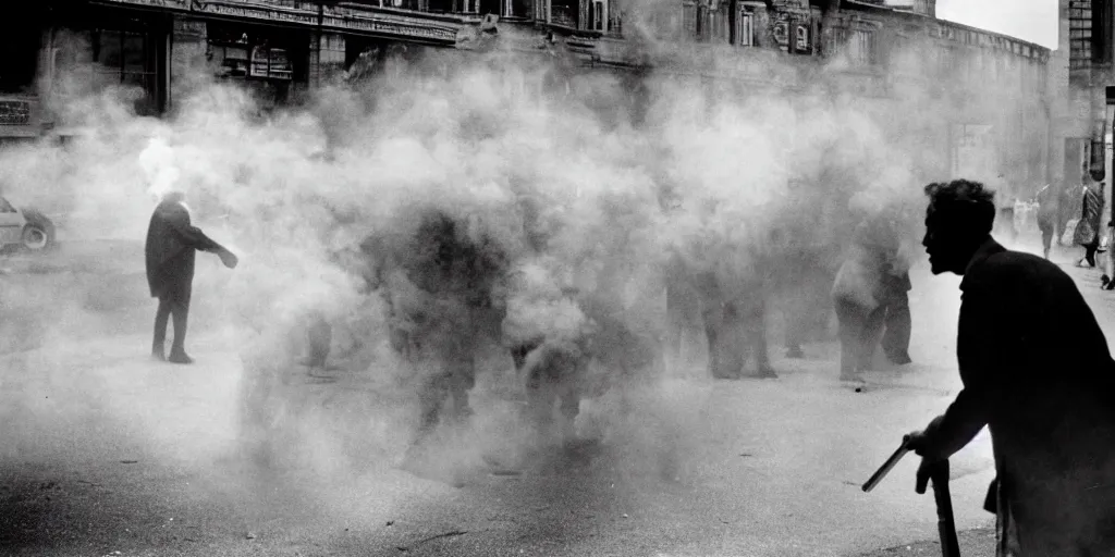 Prompt: street photo, revolution, smoke on the street, a thousands of people closeup, film photography, exposed b & w photography, christopher morris photography, bruce davidson photography, peter marlow photography