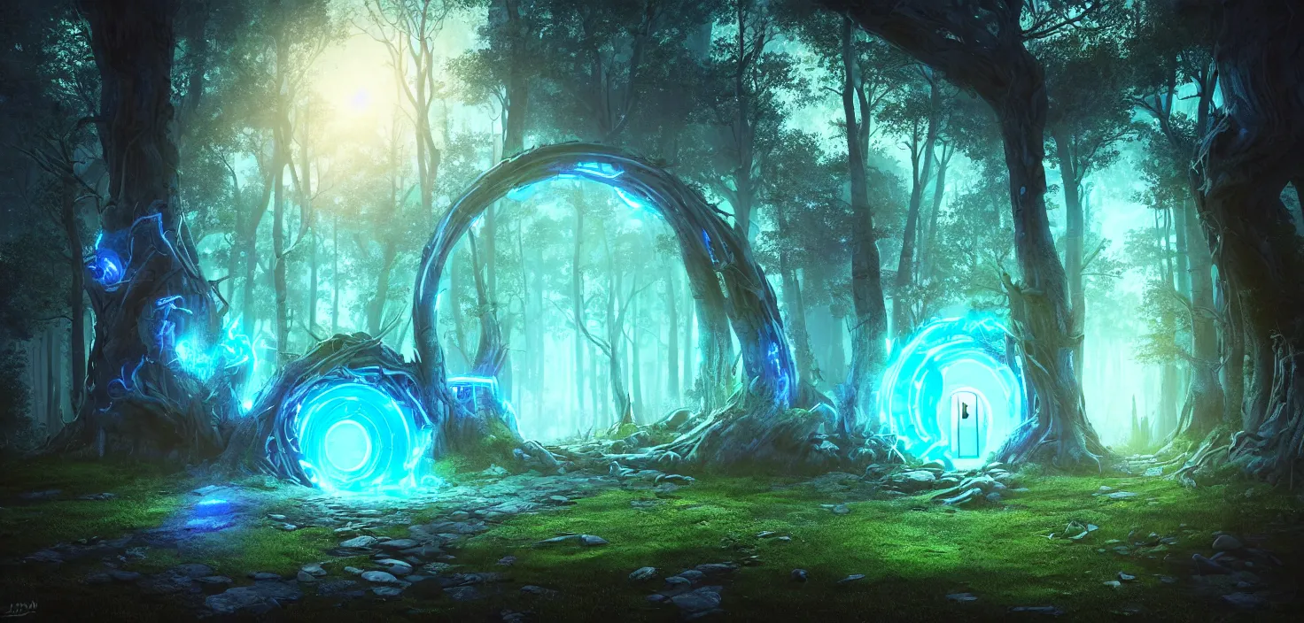 Prompt: random scary forest house landscape, round glowing blue neon portal door, incredible, vector art, octane render, fabulous, hyper detailed, random cinematic view, no noise, global illumination, warm lighting, volumetric, godrays, vivid, beautiful, by jordan grimmer