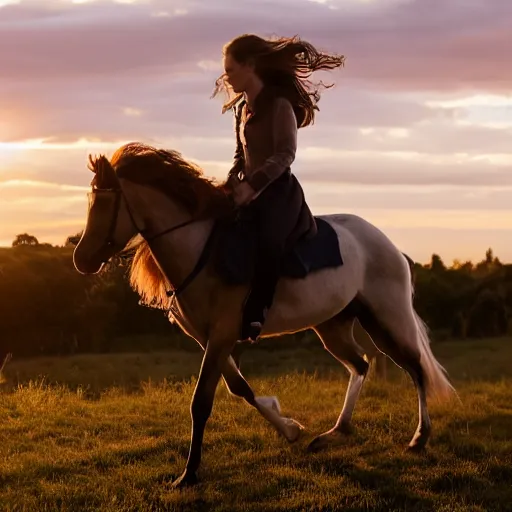 Prompt: Emma Watson riding into the sunset, golden hour, heavenly lighting, XF IQ4, f/1.4, ISO 200, 1/160s, 4K, RAW, unedited, symmetrical balance, in-frame